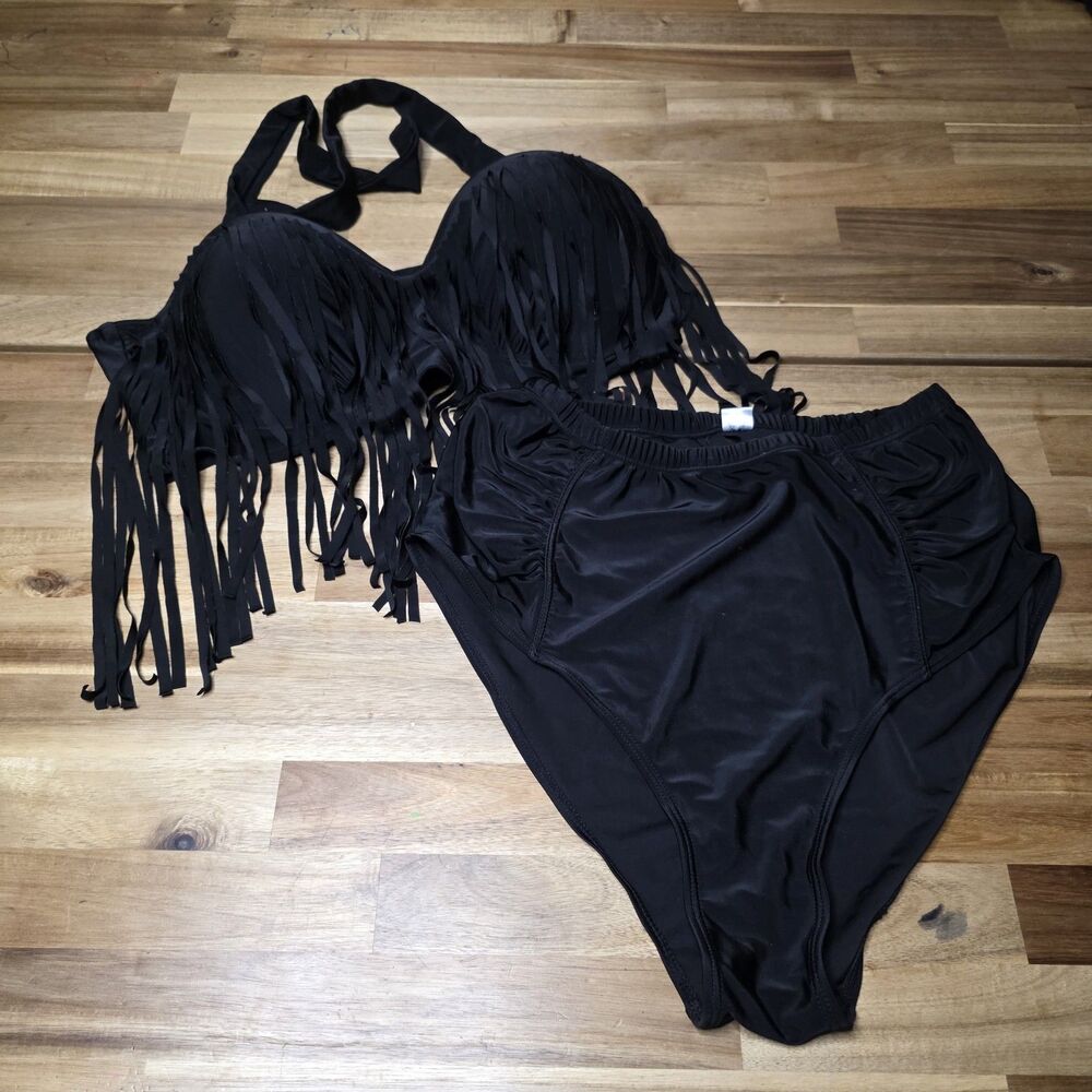 Women’s 3XL Black Fringe Bikini Set High Waist Halter Western Boho Festival Swim